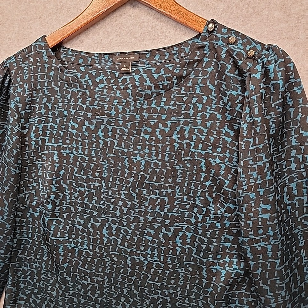 ANN TAYLOR Deep Turquoise Black Blouse Long Sleeve Career Gold Buttons Women's M